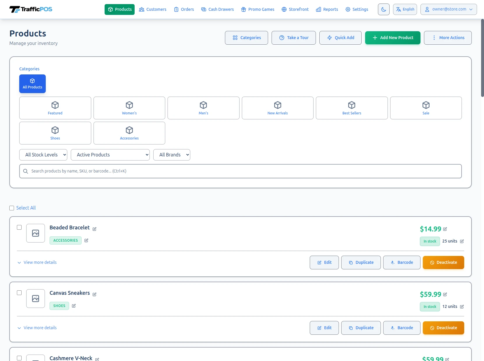 TrafficPOS product catalog with categories, search, and inventory management